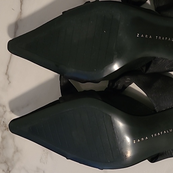 Zara Black Knotted Bow Pointed Toe Slanted Kitten Heels Sandals Shoes Wmns 9 - Picture 9 of 13